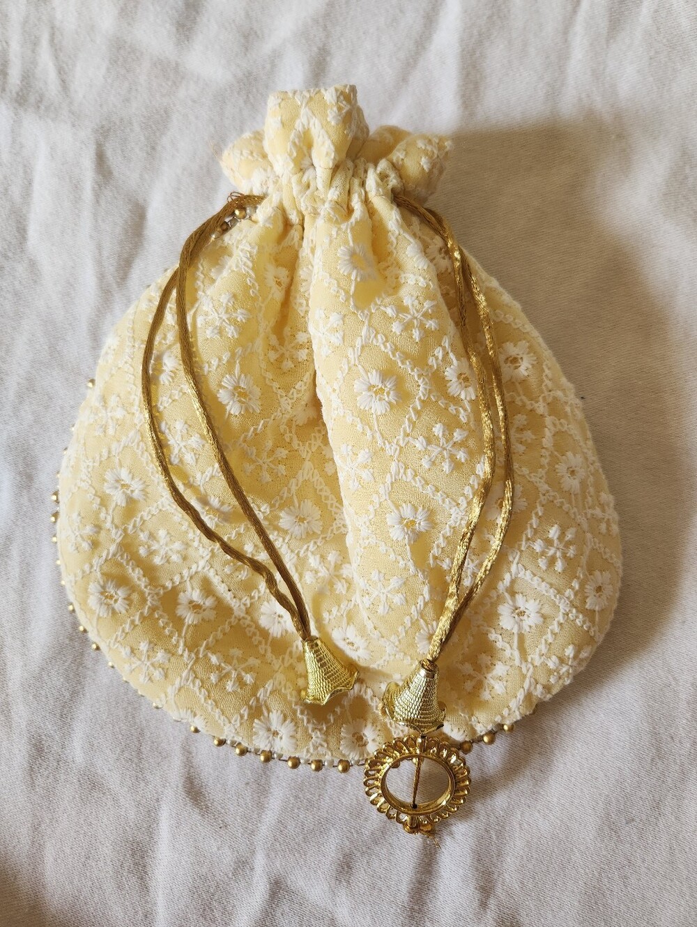 Vintage Yellow Embroidered Drawstring Pouch Bag Floral Lace Beaded Trim